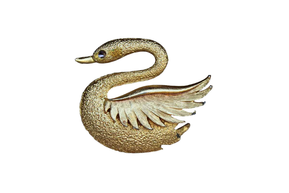 Gold Tone Swan Brooch with Rhinestone Eye and Shaped Wing