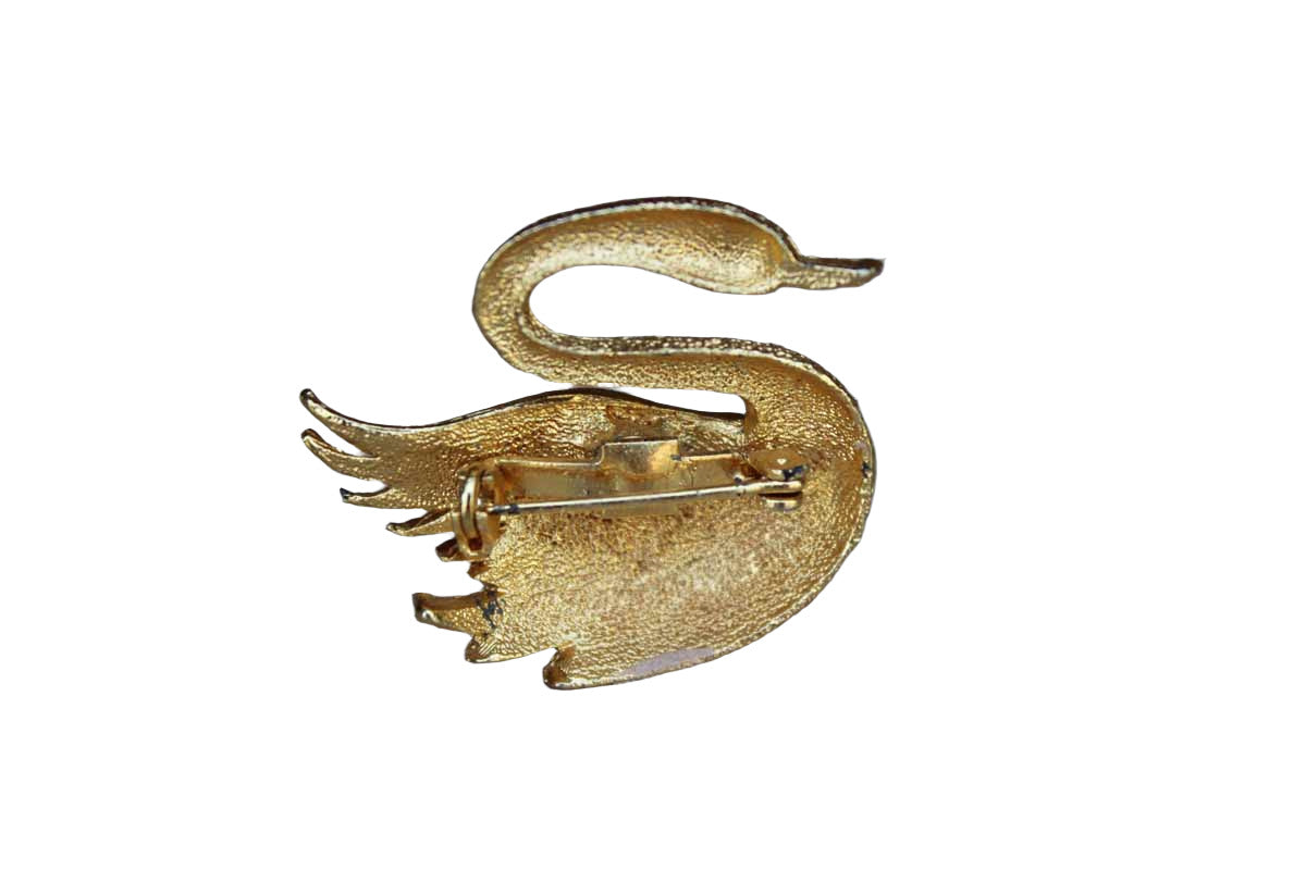 Gold Tone Swan Brooch with Rhinestone Eye and Shaped Wing