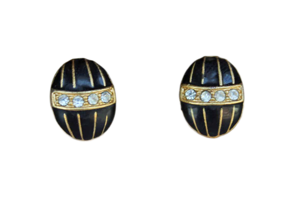 Egg-Shaped Pierced Earrings Decorated with Black Enamel and Rhinestones on a Gold Metal Base