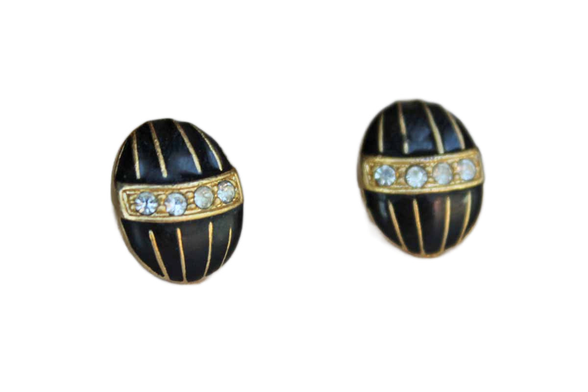 Egg-Shaped Pierced Earrings Decorated with Black Enamel and Rhinestones on a Gold Metal Base
