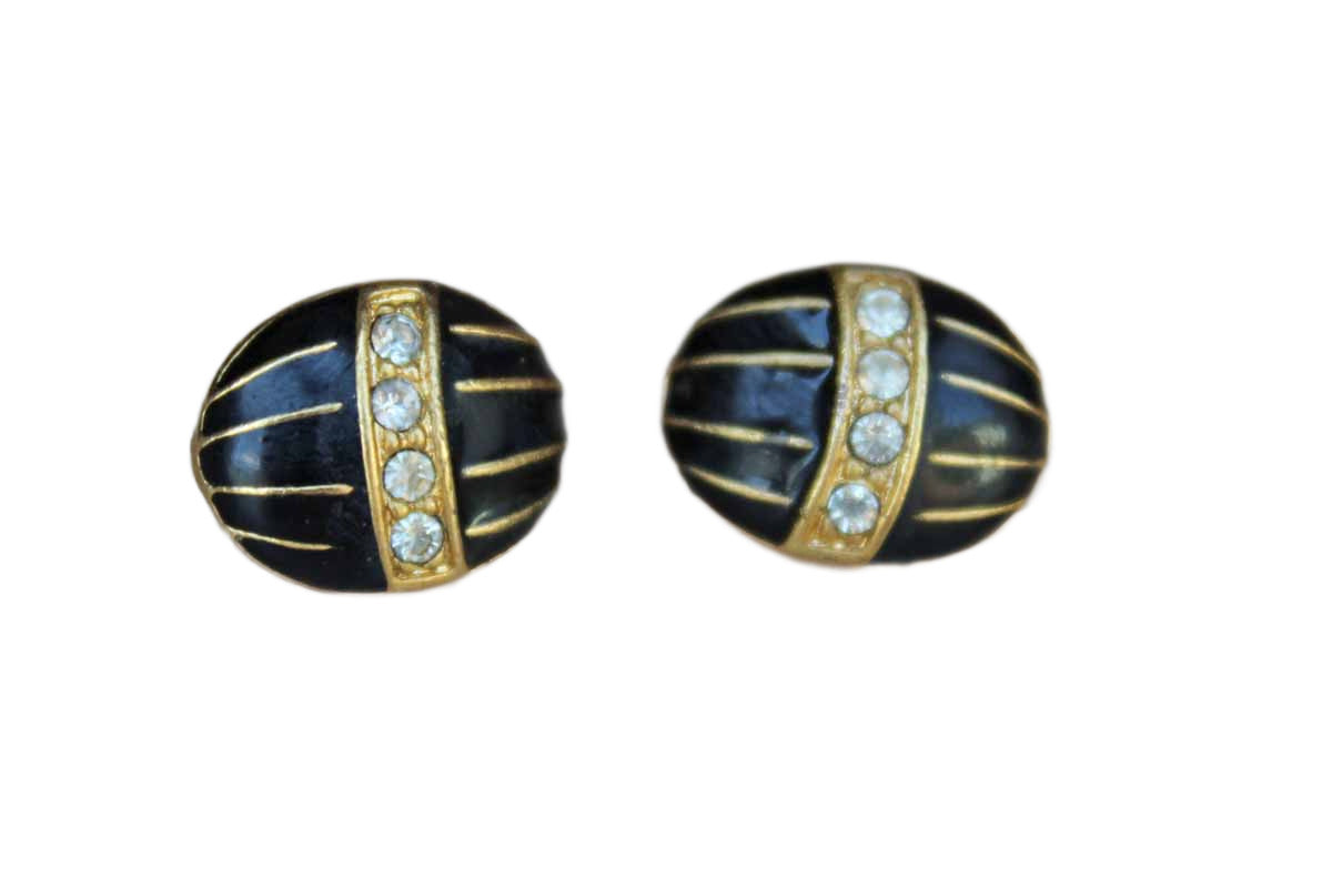 Egg-Shaped Pierced Earrings Decorated with Black Enamel and Rhinestones on a Gold Metal Base