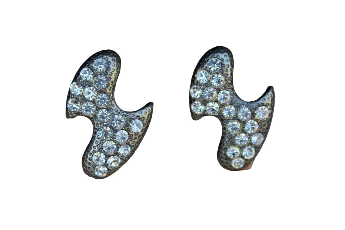 Organically Shaped Silver Rhinestone Pierced Earrings