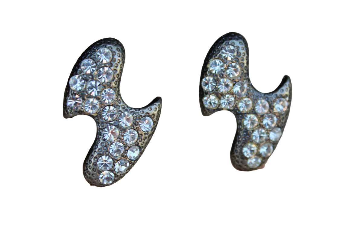Organically Shaped Silver Rhinestone Pierced Earrings