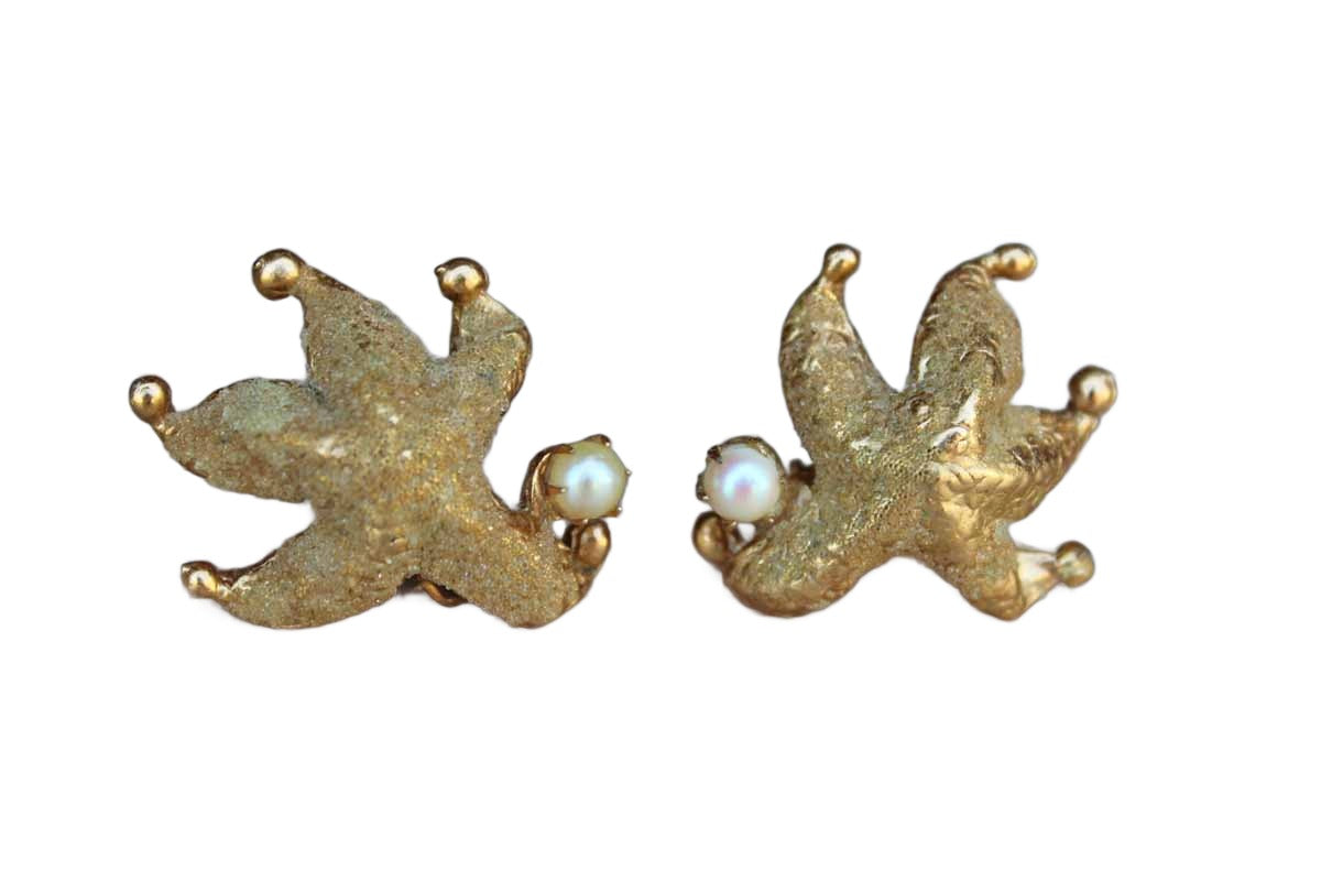 Large Gold Tone Starfish Non-Pierced Earrings with Pearl Accent