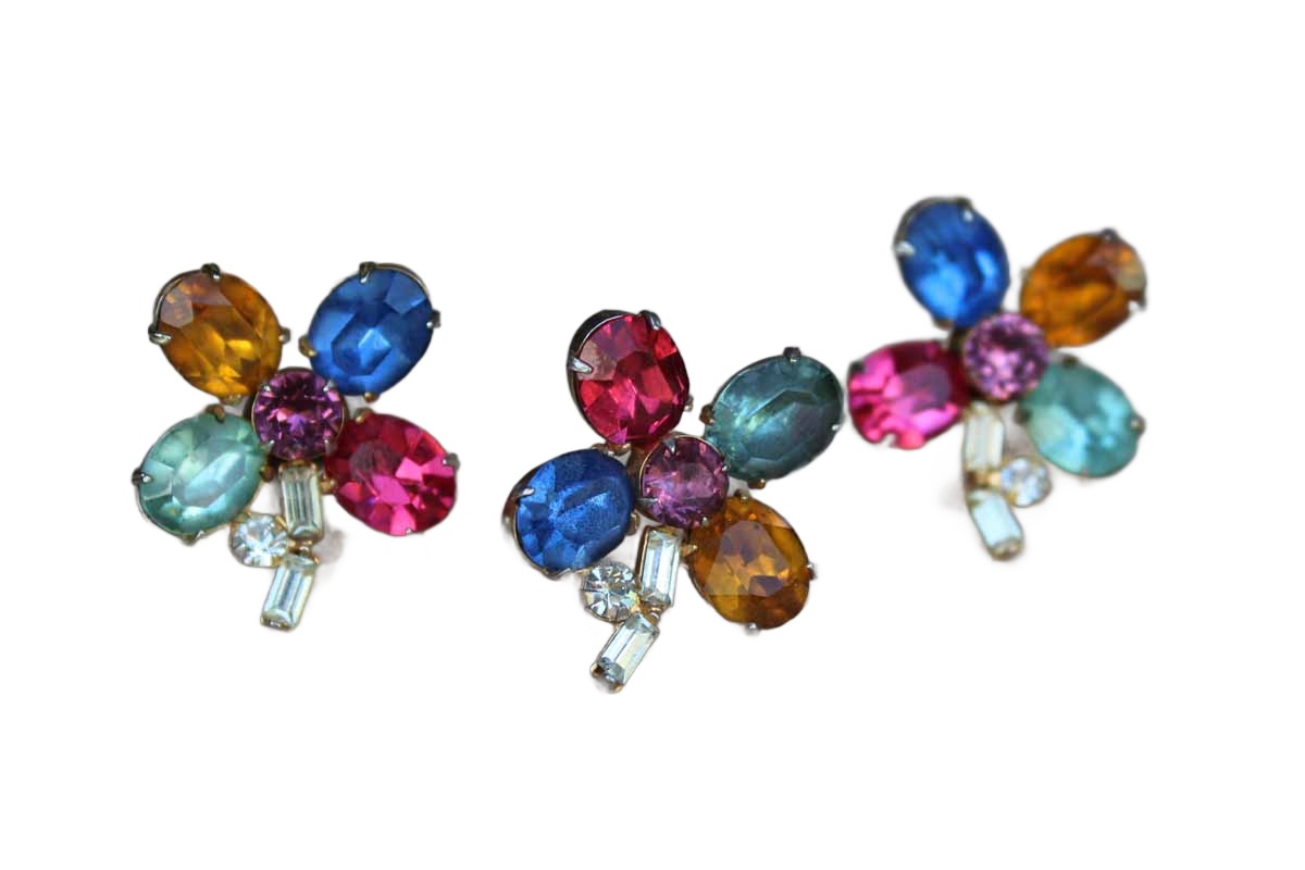 Colorful Cut Glass Cabochon Flower Shaped Non-Pierced Earrings and Brooch