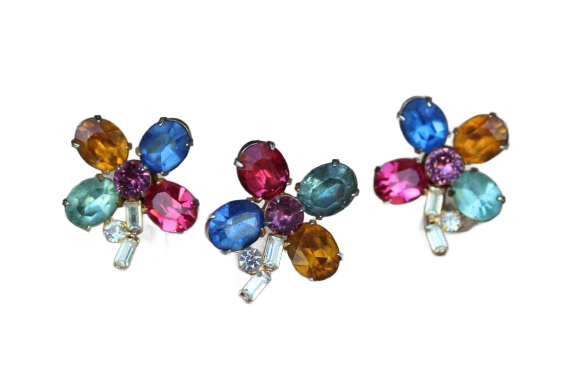 Colorful Cut Glass Cabochon Flower Shaped Non-Pierced Earrings and Brooch