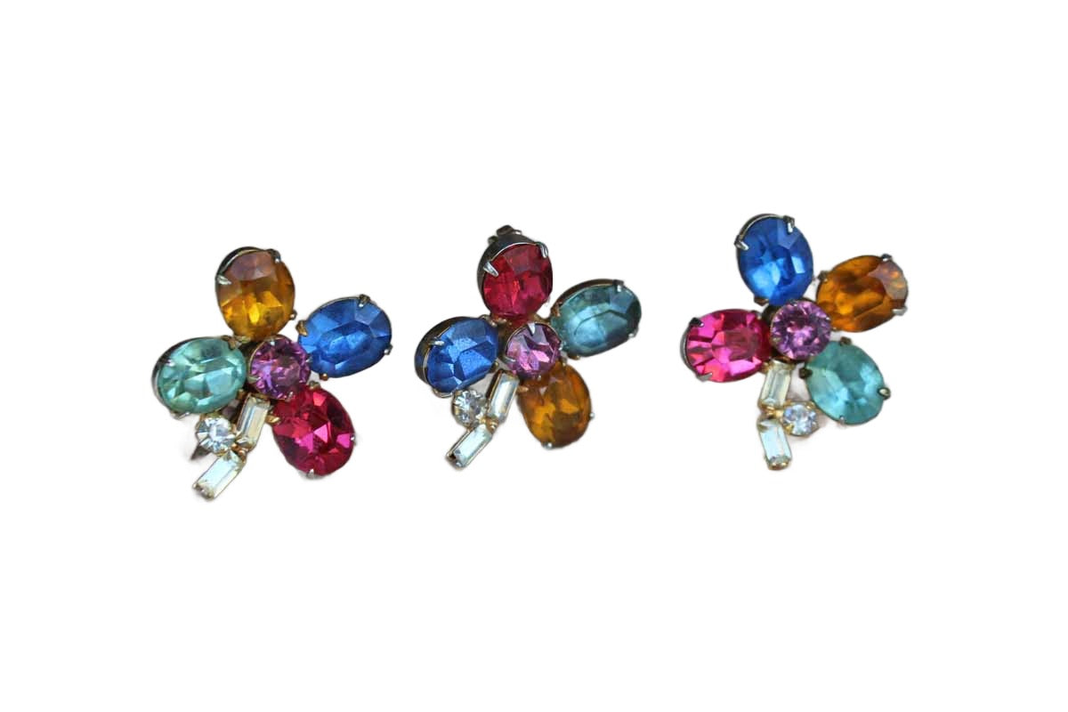Colorful Cut Glass Cabochon Flower Shaped Non-Pierced Earrings and Brooch