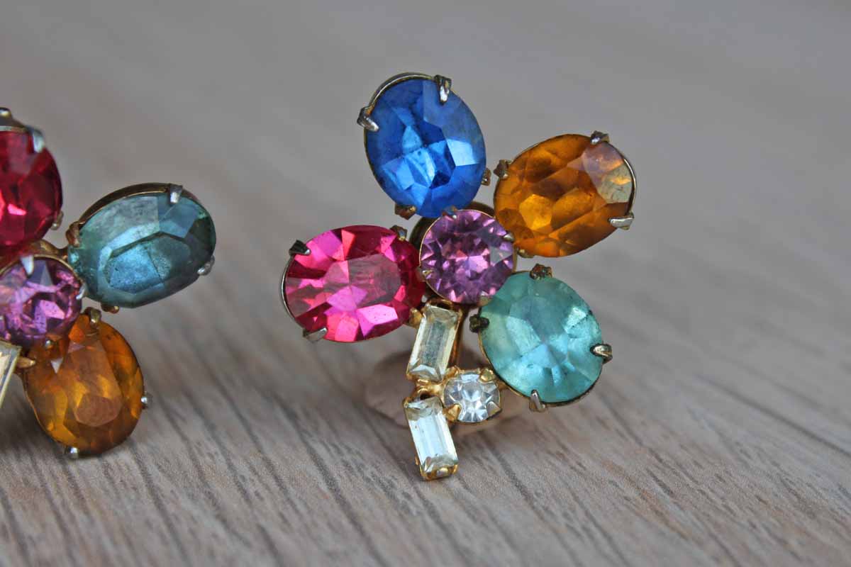 Colorful Cut Glass Cabochon Flower Shaped Non-Pierced Earrings and Brooch