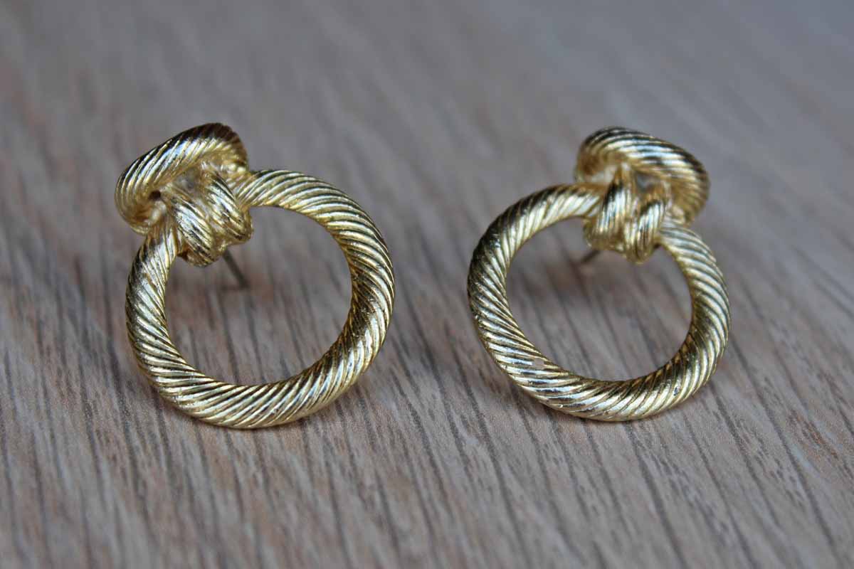 Gold Knotted Rope-Shaped and Textured Pierced Earrings