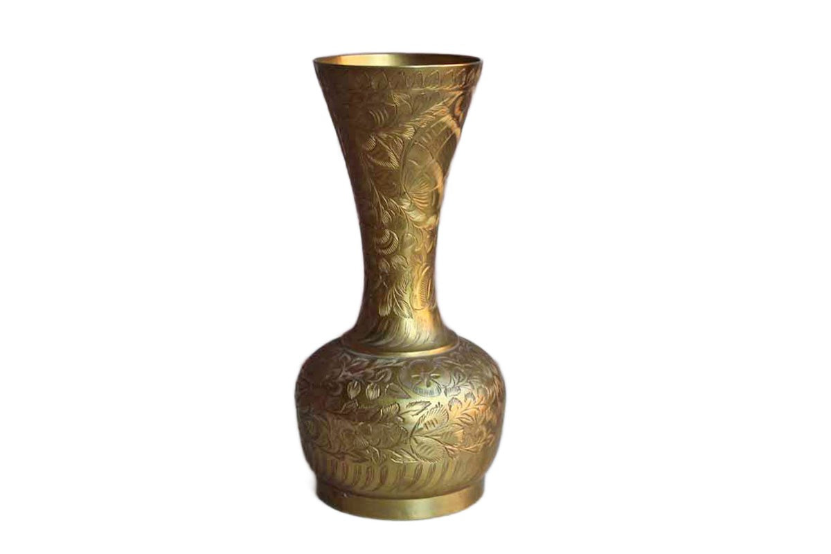 Sarna (India) Flower Etched Brass Vase with Tall Flaring Neck