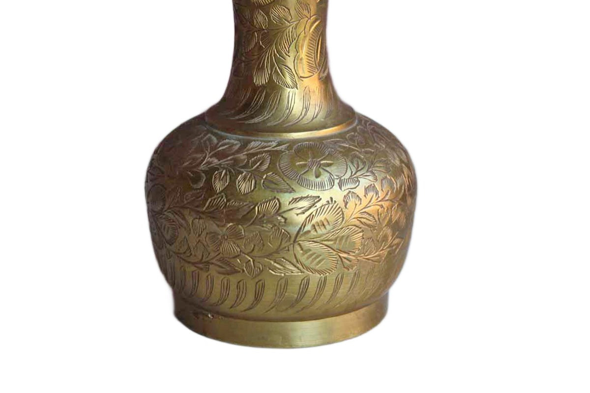 Sarna (India) Flower Etched Brass Vase with Tall Flaring Neck