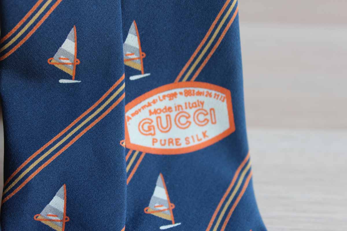 Gucci (Italy) 100% Silk Necktie with Windsails and Diagonal Stripes on Navy Blue Background