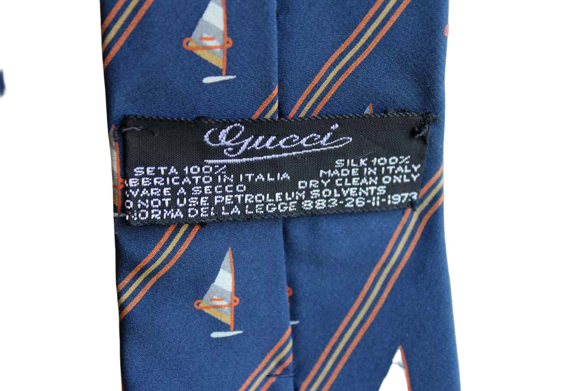 Gucci (Italy) 100% Silk Necktie with Windsails and Diagonal Stripes on Navy Blue Background