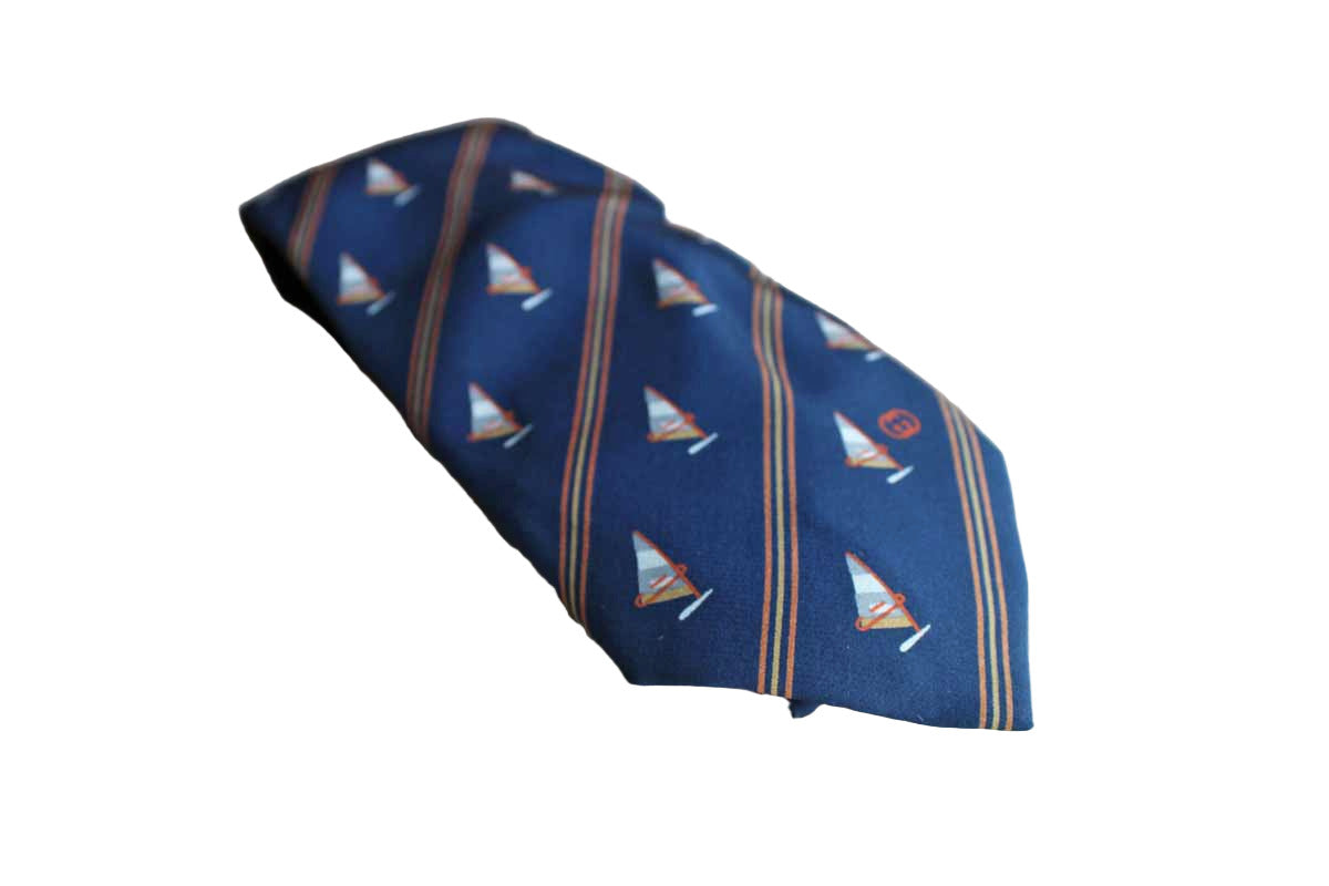 Gucci (Italy) 100% Silk Necktie with Windsails and Diagonal Stripes on Navy Blue Background