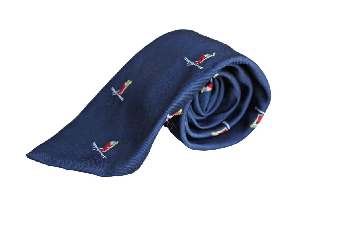 Polyester Necktie Decorated with Repeating Pattern of Colorful Racing Alpine Skiers