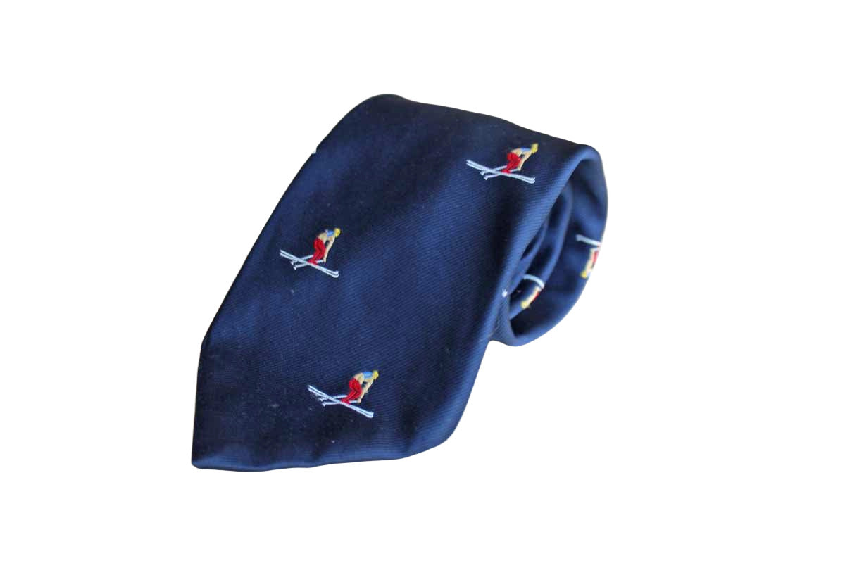 Polyester Necktie Decorated with Repeating Pattern of Colorful Racing Alpine Skiers