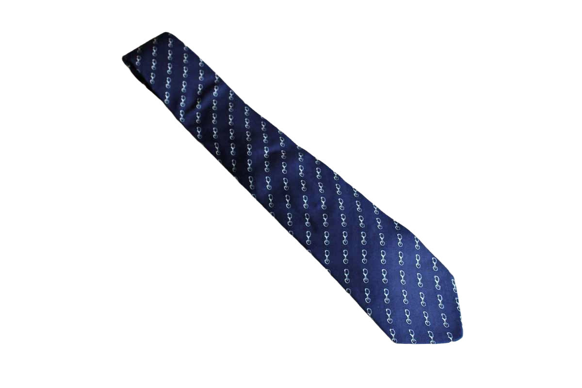 Lord & Taylor 100% Silk Necktie Decorated with Swivel Eye Bolt Snap Hooks on Navy Blue Background