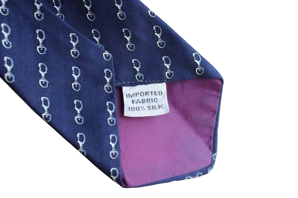 Lord & Taylor 100% Silk Necktie Decorated with Swivel Eye Bolt Snap Hooks on Navy Blue Background