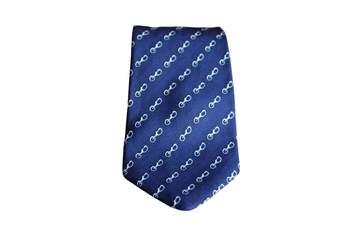 Lord & Taylor 100% Silk Necktie Decorated with Swivel Eye Bolt Snap Hooks on Navy Blue Background