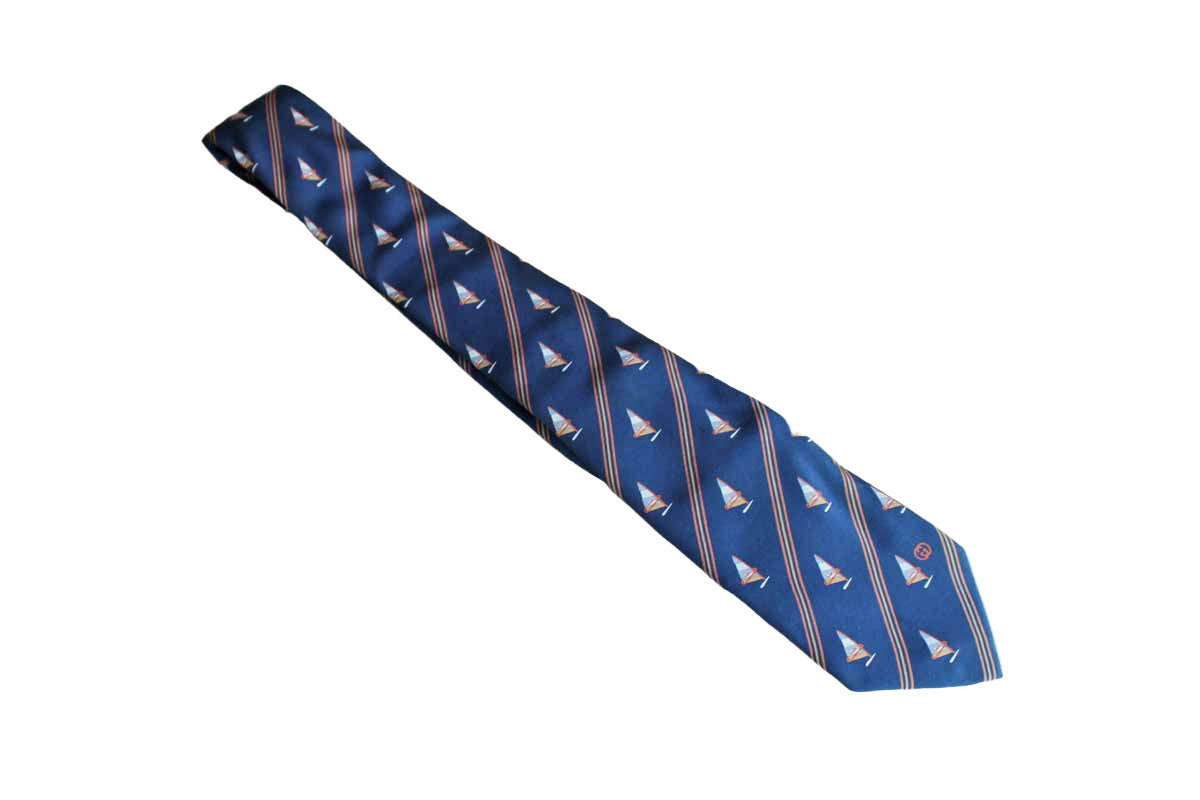 Gucci (Italy) 100% Silk Necktie with Windsails and Diagonal Stripes on Navy Blue Background