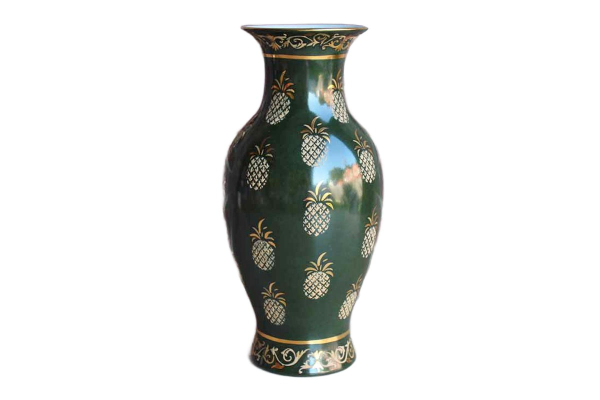 Andrea by Sadek Baluster Shaped Green Vase with Gold Pineapples and Floral Scroll