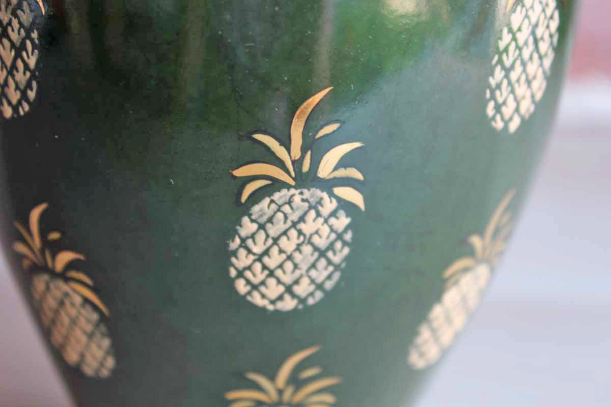 Andrea by Sadek Baluster Shaped Green Vase with Gold Pineapples and Floral Scroll