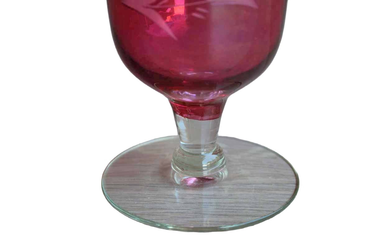 Ruby Flash Glass Pedestal Vase with Clear Etched Flowers