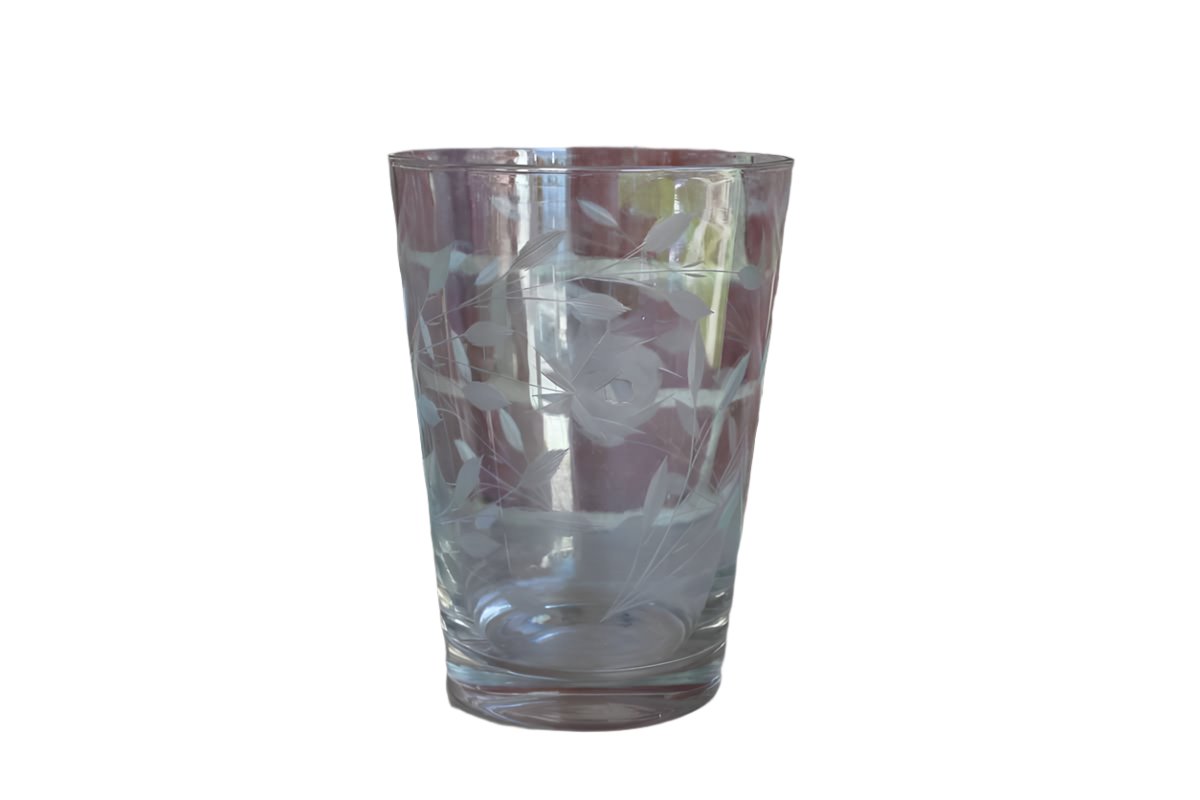 Tall Clear Glass Container with Etched Flowers