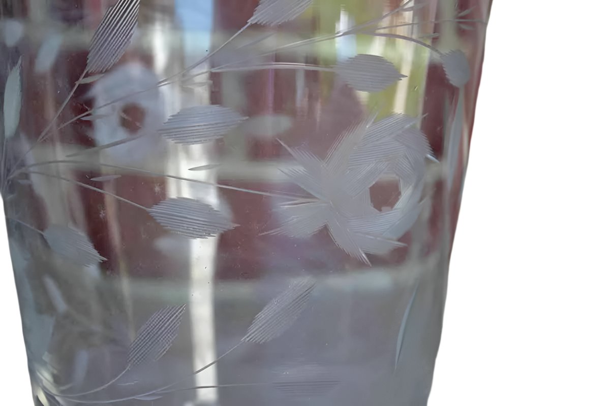 Tall Clear Glass Container with Etched Flowers