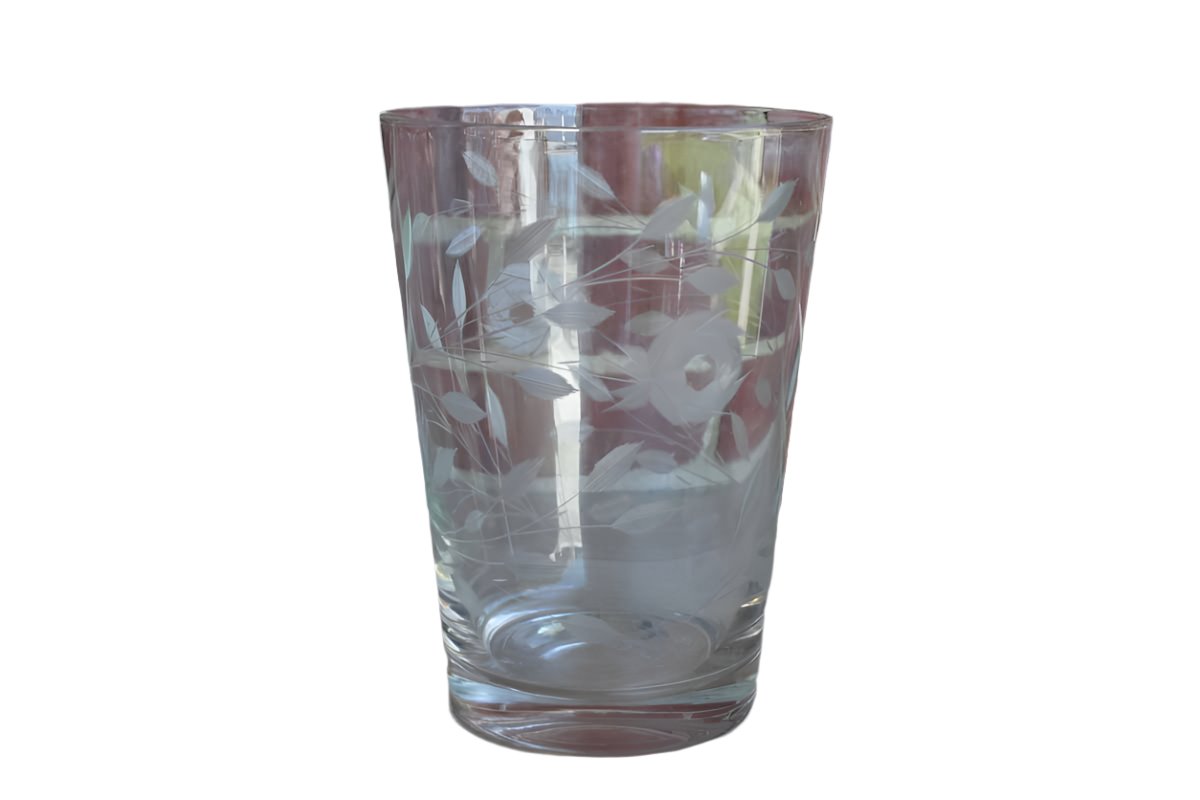 Tall Clear Glass Container with Etched Flowers
