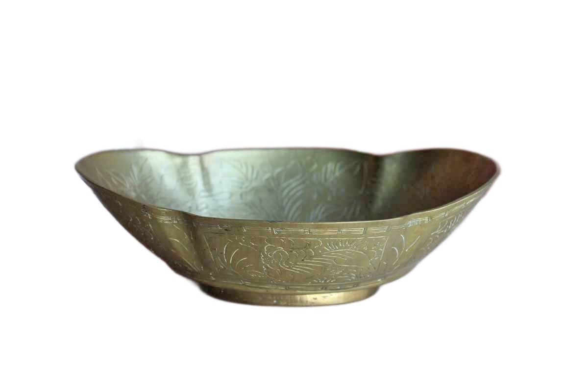 Large Brass Hand-Hammered Bowl with Bird, Flowers, and Chinese Characters