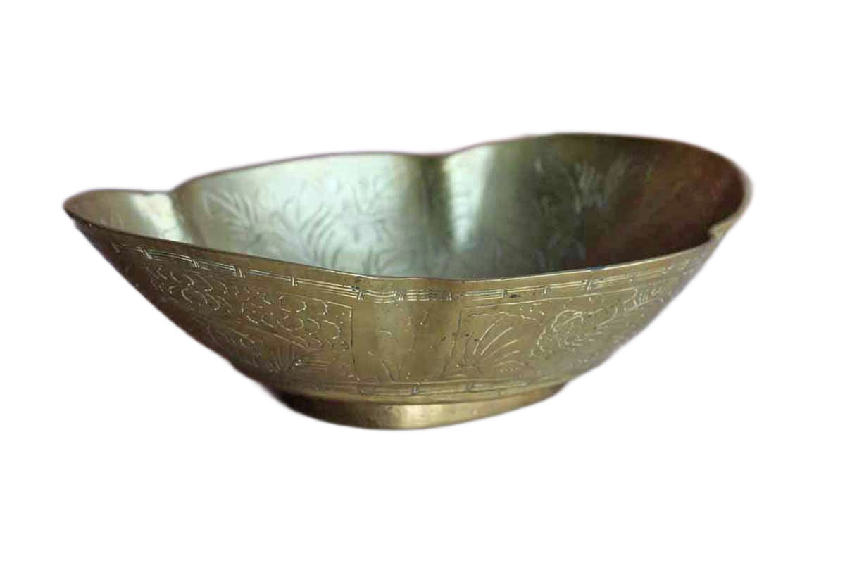Large Brass Hand-Hammered Bowl with Bird, Flowers, and Chinese Characters
