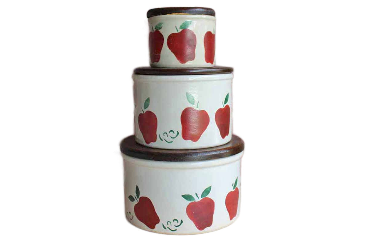 Robinson Ransbottom (Ohio, USA) Stoneware Storage Crocks with Primitive Apple Design and Wood Lids, Set of 3 Sizes