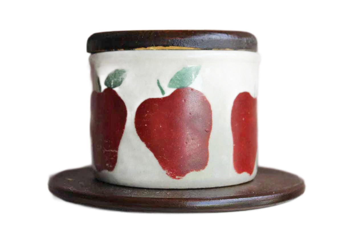 Robinson Ransbottom (Ohio, USA) Stoneware Storage Crocks with Primitive Apple Design and Wood Lids, Set of 3 Sizes