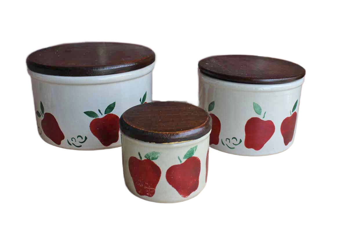 Robinson Ransbottom (Ohio, USA) Stoneware Storage Crocks with Primitive Apple Design and Wood Lids, Set of 3 Sizes