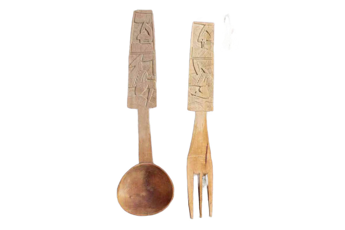Ornately Carved Wood Salad Tongs with Primitive People and Animals