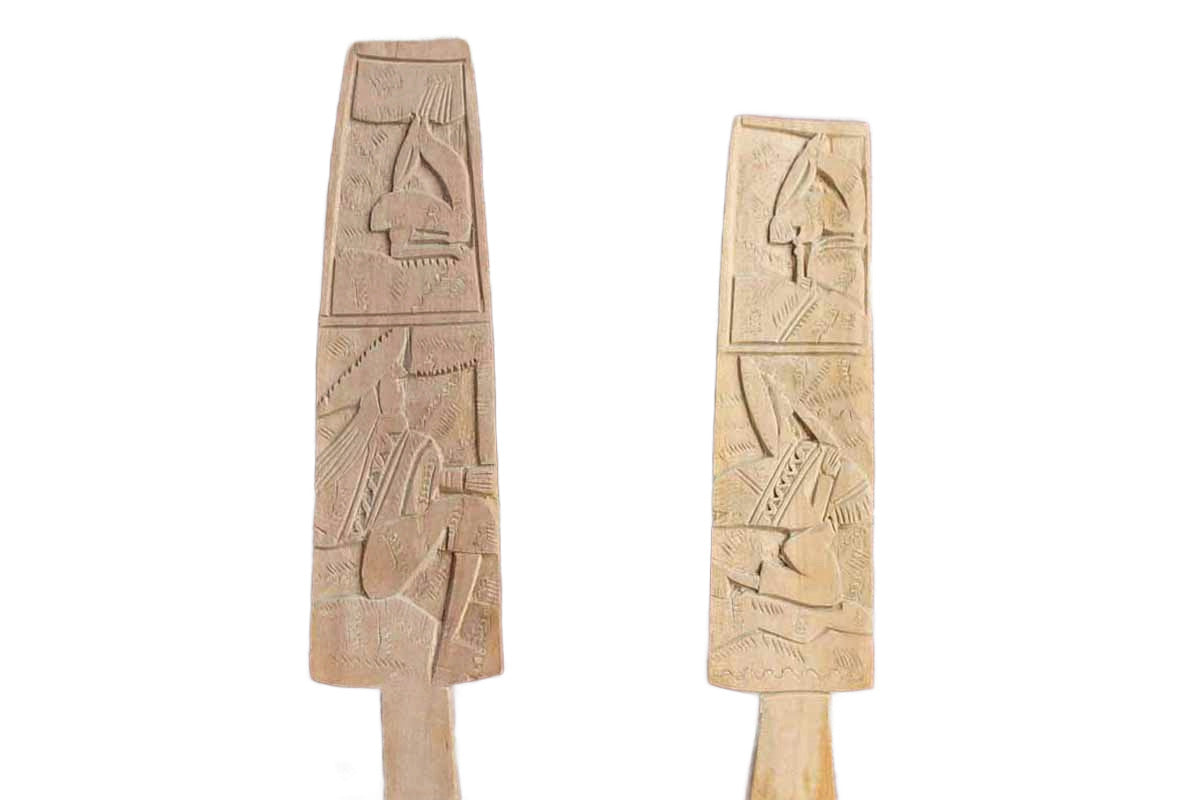 Ornately Carved Wood Salad Tongs with Primitive People and Animals