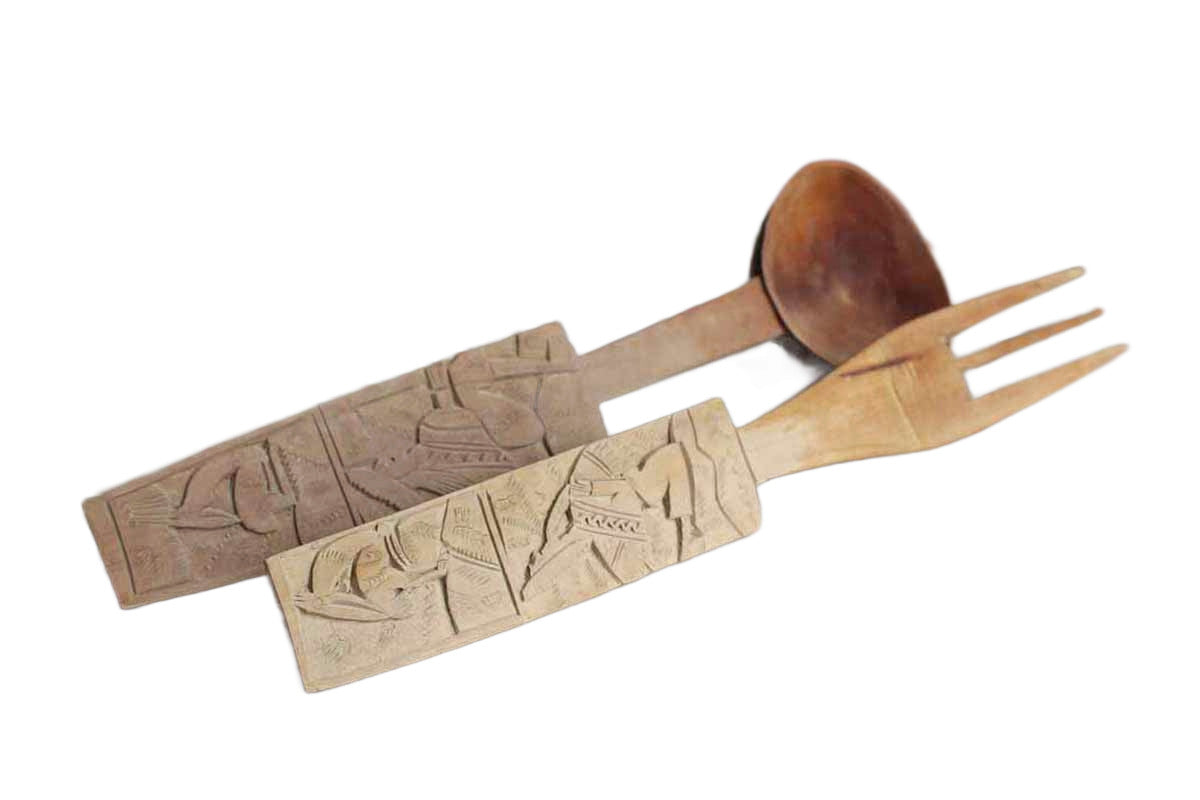 Ornately Carved Wood Salad Tongs with Primitive People and Animals