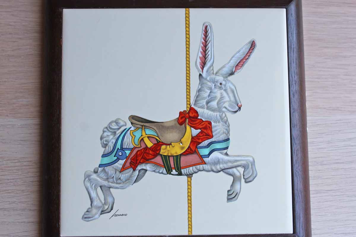 Vandor (1985, Taiwan) Lowell Herrero Hand Painted Tile of Carousel Rabbit