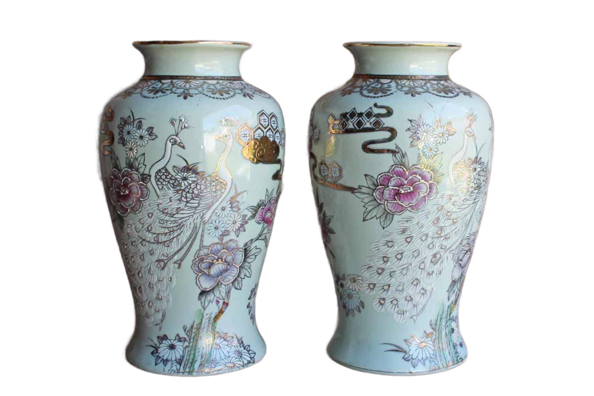 Baluster Shaped Moriaged Vases Depicting Lilac, Gold and White Peacocks and Flowers Over an Off White Background