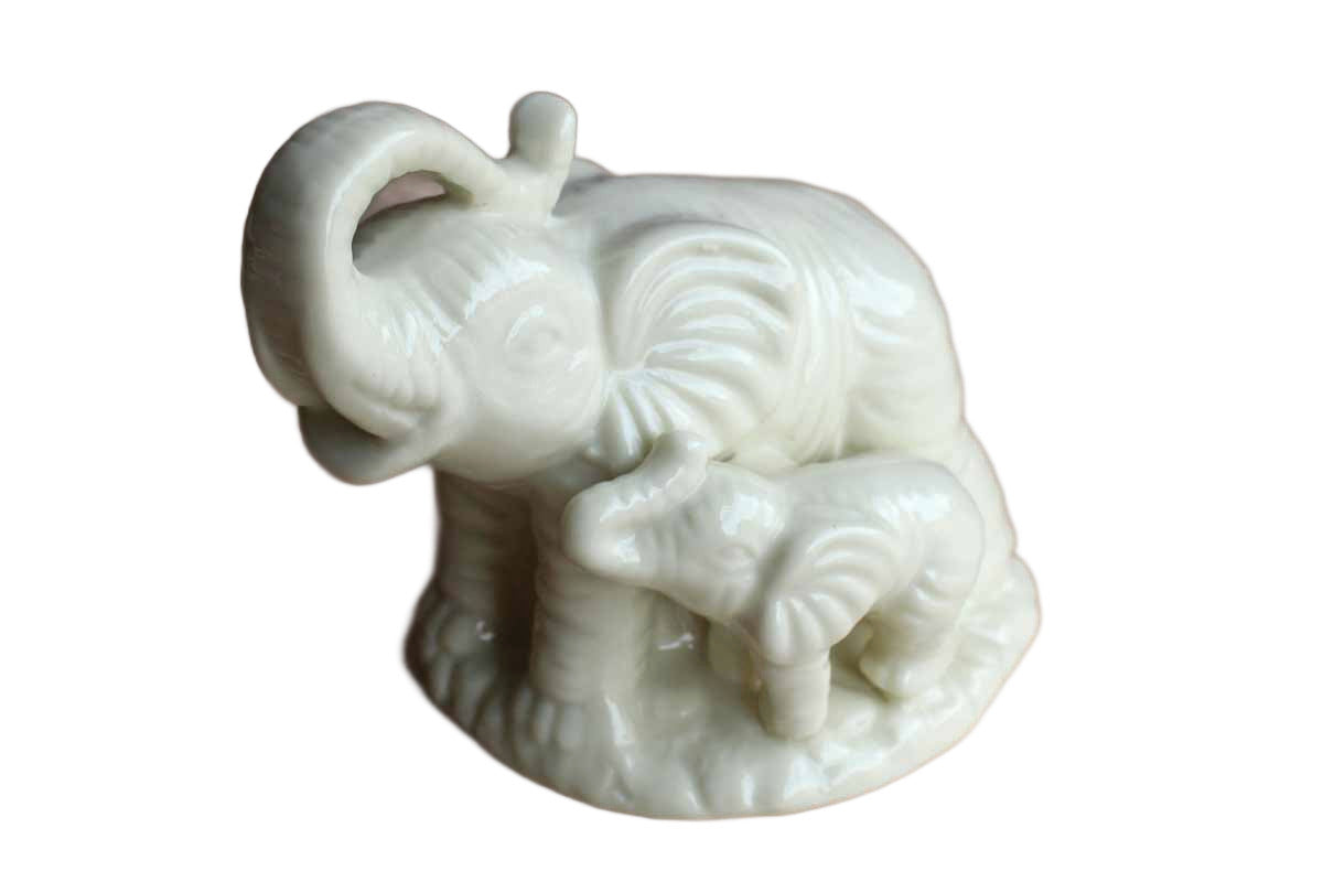 Blanc de Chine Porcelain Mom and Baby Elephant Figurine