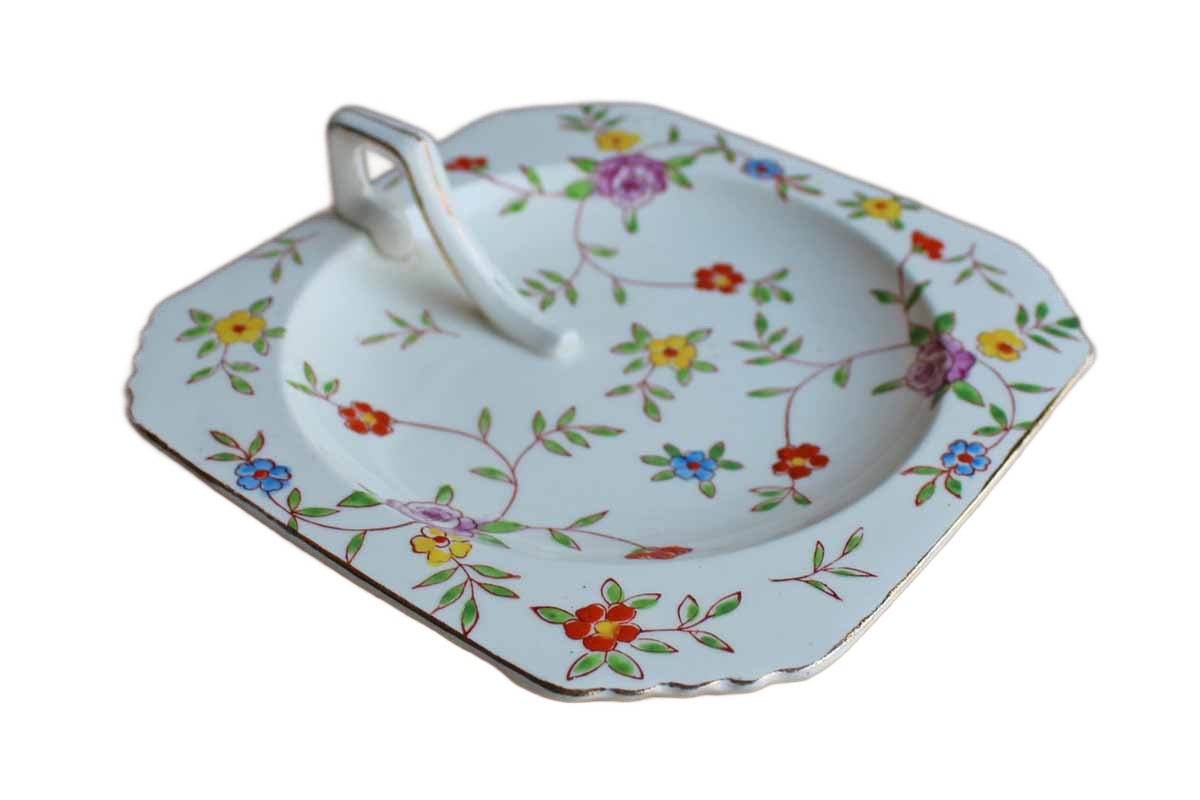 Takito Company (Japan) Square Ceramic Dish with Colorful Flowers and Handle