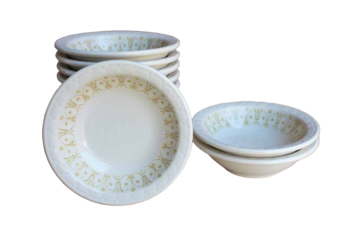 Syracuse China (Syracuse, New York) Small Side Bowls with Textured Rim and Gold Flowers, Set of 12