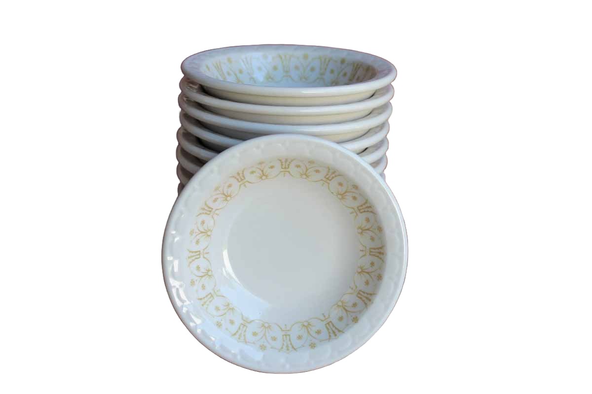 Syracuse China (Syracuse, New York) Small Side Bowls with Textured Rim and Gold Flowers, Set of 12