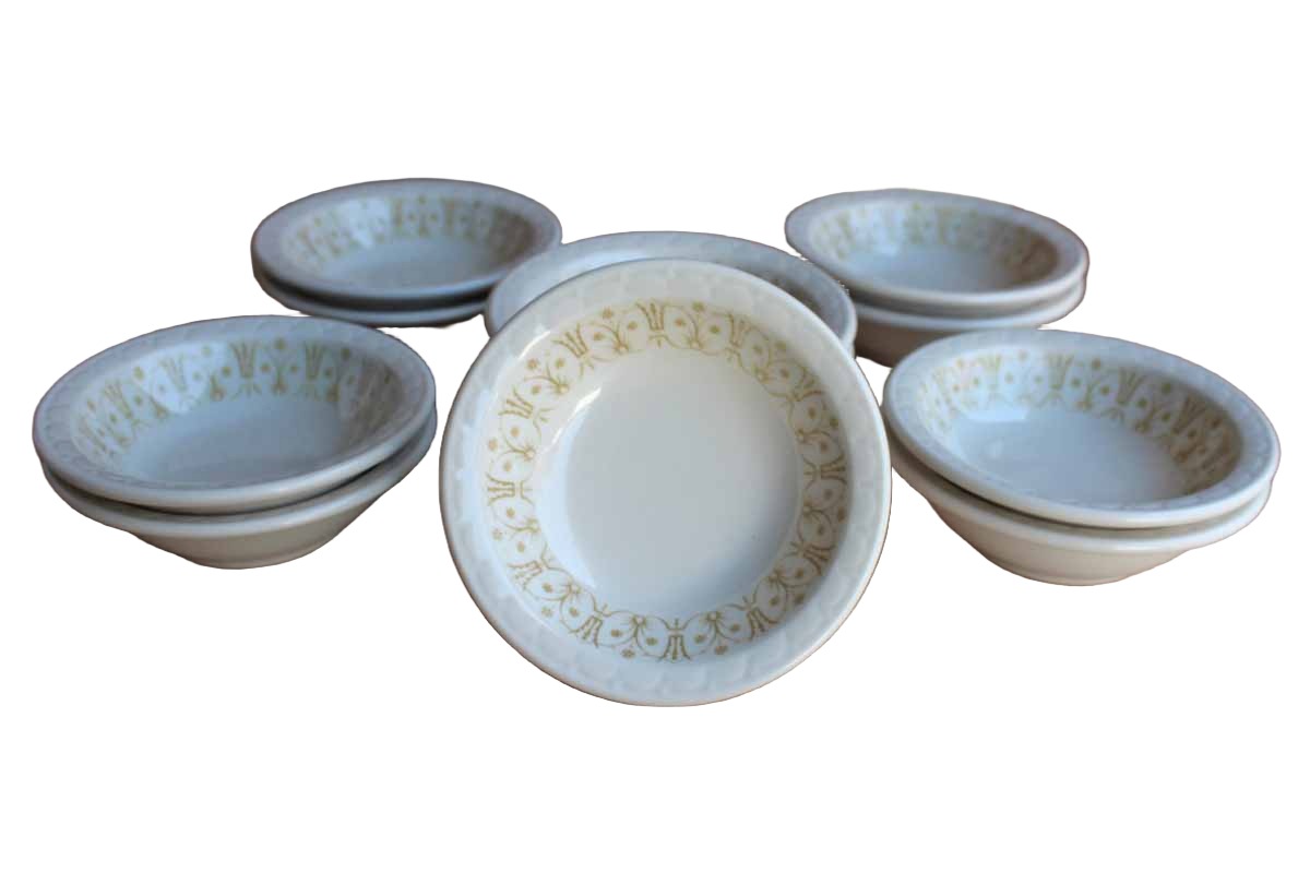 Syracuse China (Syracuse, New York) Small Side Bowls with Textured Rim and Gold Flowers, Set of 12