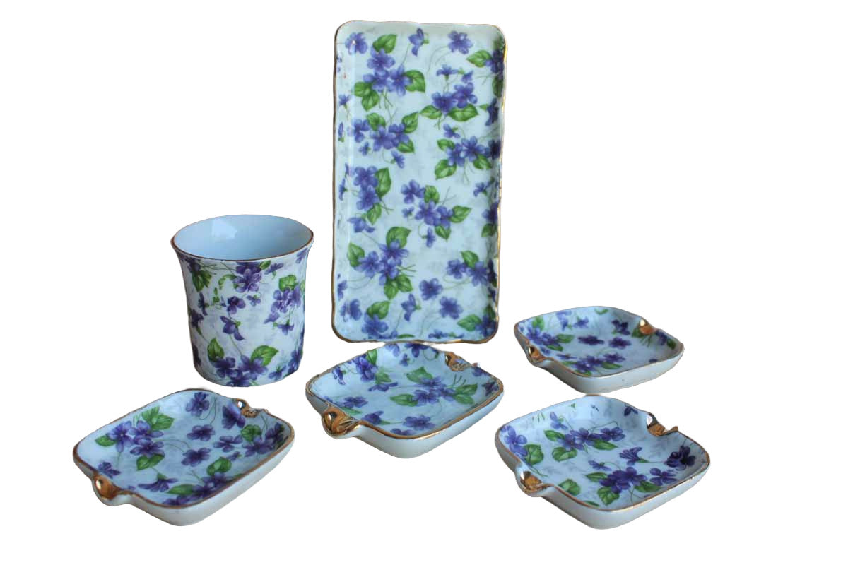 Lefton China Violet Chintz Cigarette Set