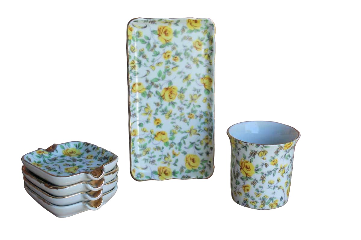 Lefton China Yellow Chintz Floral Cigarette Set