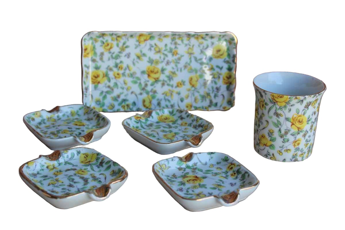 Lefton China Yellow Chintz Floral Cigarette Set