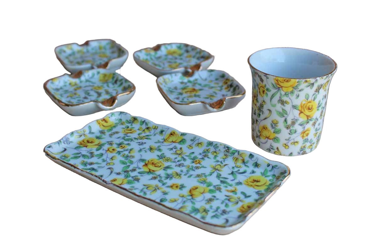Lefton China Yellow Chintz Floral Cigarette Set