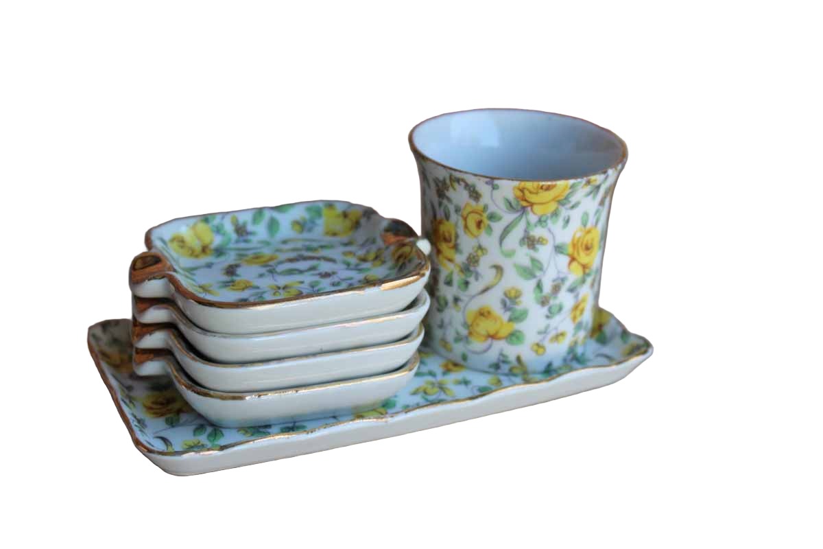 Lefton China Yellow Chintz Floral Cigarette Set